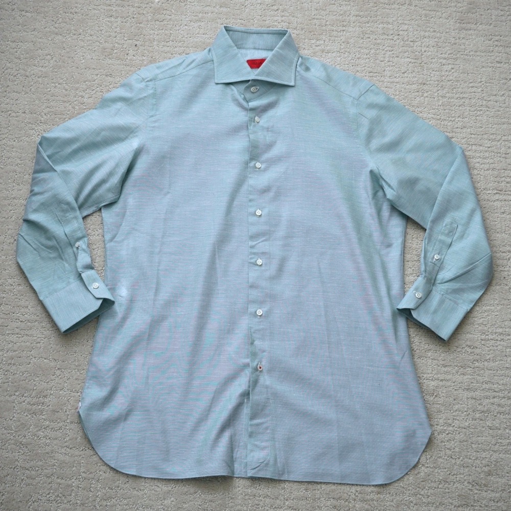 Isaia Napoli Dress Tailored Fit Shirt Mens 16 Light Blue Cotton Silk  Made Italy